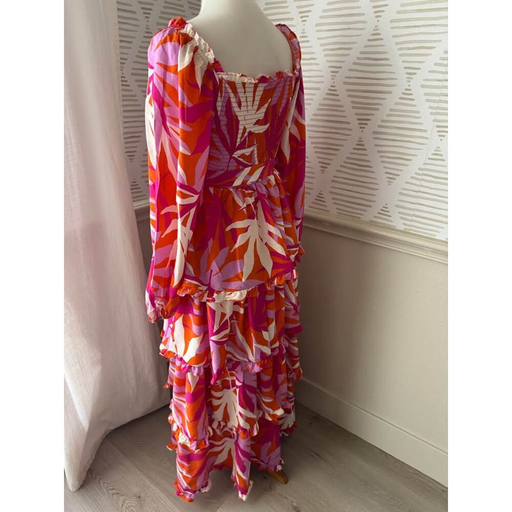Peach Love Small Tropical Print Tiered Ruffle Smocked Long Sleeve Maxi Dress - Picture 5 of 7